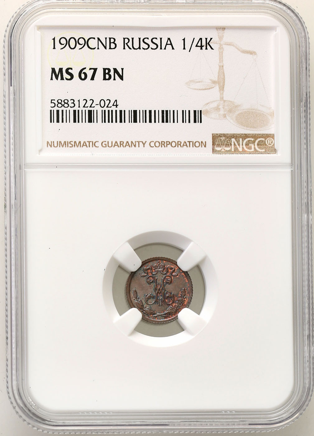 Rosja. Mikołaj II. 1/4 kopiejki 1909 СПБ, Petersburg NGC MS67 BN (MAX)
